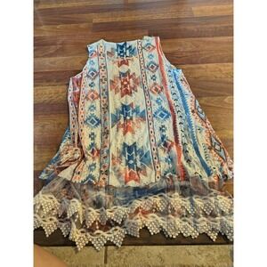 Red White And Blue Boho Western Boutique Shift Dress M/L